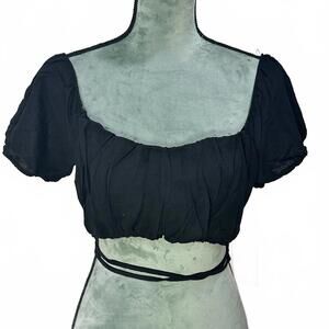Black Ruched Puff Sleeve Tie Waist Crop Top Peasant Boho Blouse NWT